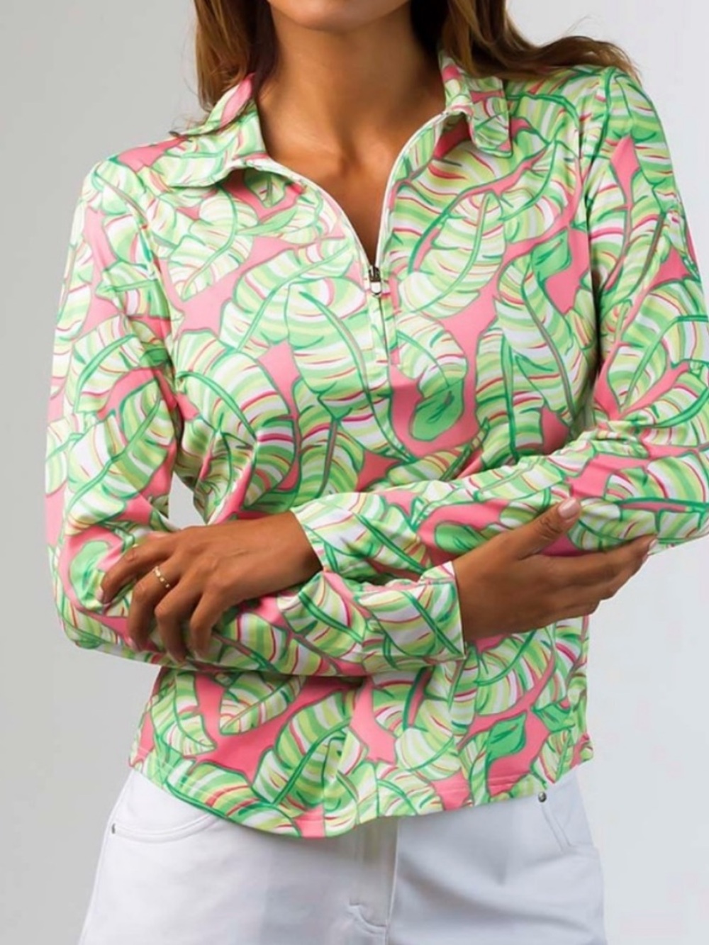 SanSoleil UPF 50 Quarter Zip Long Sleeve Tropical Print Top Sz L